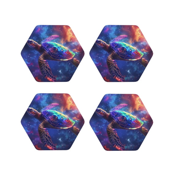KLL Drink Coasters Set Hexagon of 4,PU Leather Absorbent Coasters Set Decorative Coffee Cup Coasters Housewarming Gift for Home Decor-Starry Sky Turtle