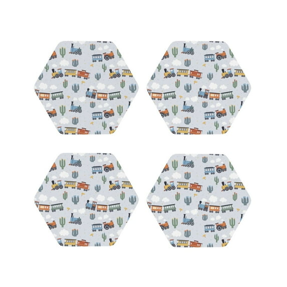 KLL Drink Coasters Set Hexagon of 4,PU Leather Absorbent Coasters Set Decorative Coffee Cup Coasters Housewarming Gift for Home Decor-Trains And Cactuse
