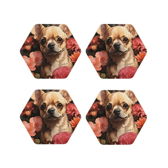 KLL Drink Coasters Set Hexagon of 4,PU Leather Absorbent Coasters Set Decorative Coffee Cup Coasters Housewarming Gift for Home Decor-Vintage Red Flower Chihuahua