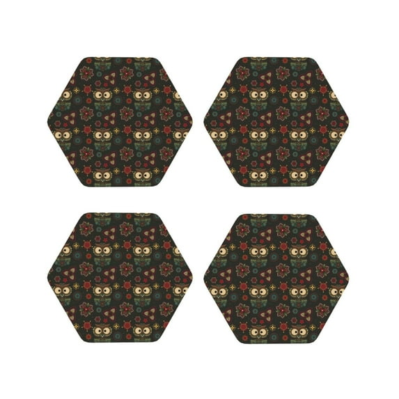 KLL Drink Coasters Set Hexagon of 4,PU Leather Absorbent Coasters Set Decorative Coffee Cup Coasters Housewarming Gift for Home Decor-Boho Owl