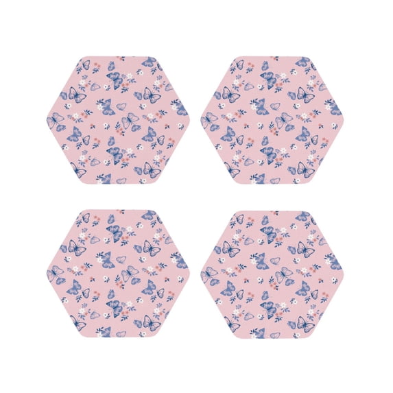 KLL Drink Coasters Set Hexagon of 4,PU Leather Absorbent Coasters Set Decorative Coffee Cup Coasters Housewarming Gift for Home Decor-Butterfly