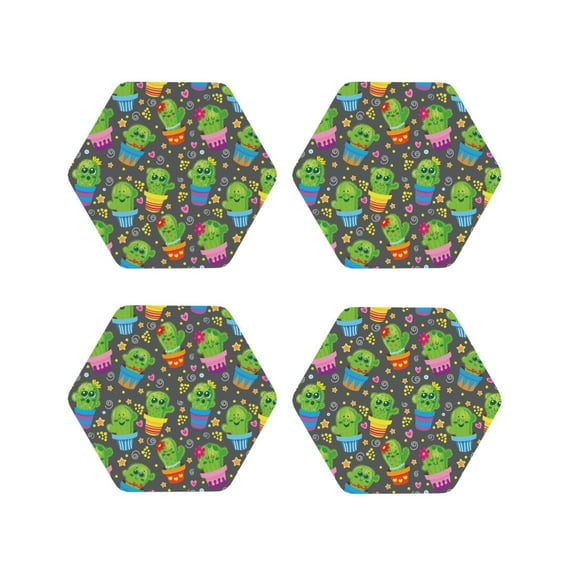 KLL Drink Coasters Set Hexagon of 4,PU Leather Absorbent Coasters Set Decorative Coffee Cup Coasters Housewarming Gift for Home Decor-Cactus In Pots