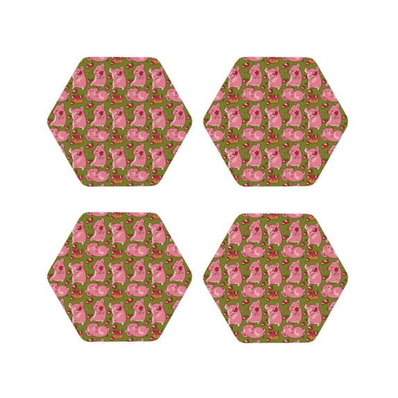 KLL Drink Coasters Set Hexagon of 4,PU Leather Absorbent Coasters Set Decorative Coffee Cup Coasters Housewarming Gift for Home Decor-Cartoon Pigs