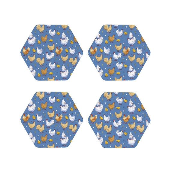 KLL Drink Coasters Set Hexagon of 4,PU Leather Absorbent Coasters Set Decorative Coffee Cup Coasters Housewarming Gift for Home Decor-Chicken Family