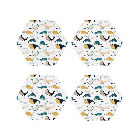 KLL Drink Coasters Set Hexagon of 4,PU Leather Absorbent Coasters Set Decorative Coffee Cup Coasters Housewarming Gift for Home Decor-Cute Whale