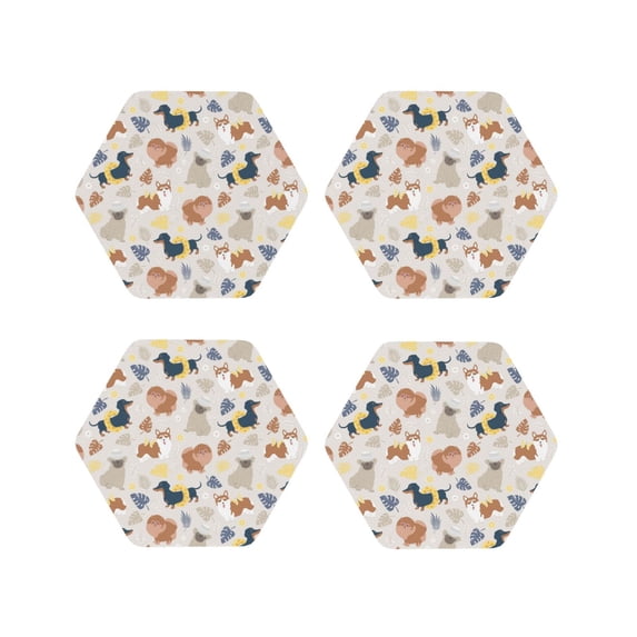 KLL Drink Coasters Set Hexagon of 4,PU Leather Absorbent Coasters Set Decorative Coffee Cup Coasters Housewarming Gift for Home Decor-Dogs