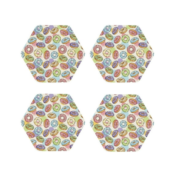 KLL Drink Coasters Set Hexagon of 4,PU Leather Absorbent Coasters Set Decorative Coffee Cup Coasters Housewarming Gift for Home Decor-Glazed Donuts