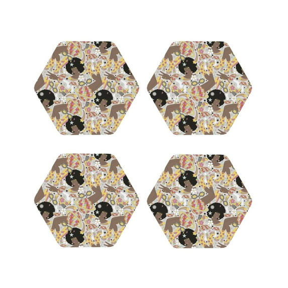 KLL Drink Coasters Set Hexagon of 4,PU Leather Absorbent Coasters Set Decorative Coffee Cup Coasters Housewarming Gift for Home Decor-Groovy Disco
