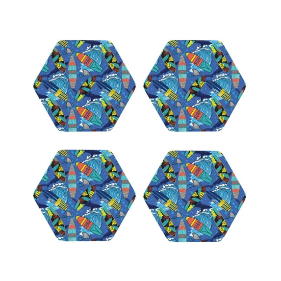 KLL Drink Coasters Set Hexagon of 4,PU Leather Absorbent Coasters Set Decorative Coffee Cup Coasters Housewarming Gift for Home Decor-Hawaiian Style