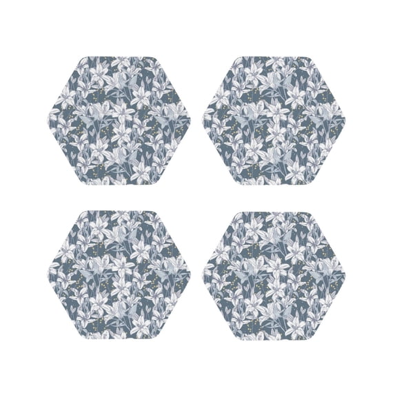 KLL Drink Coasters Set Hexagon of 4,PU Leather Absorbent Coasters Set Decorative Coffee Cup Coasters Housewarming Gift for Home Decor-Lilies Flowers