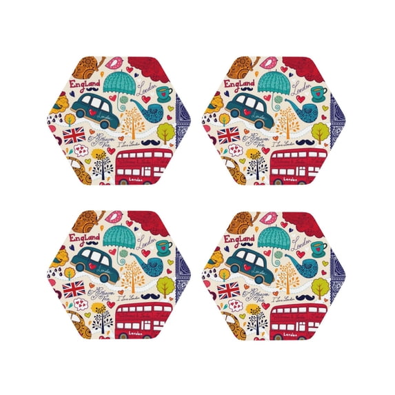 KLL Drink Coasters Set Hexagon of 4,PU Leather Absorbent Coasters Set Decorative Coffee Cup Coasters Housewarming Gift for Home Decor-London Symbols