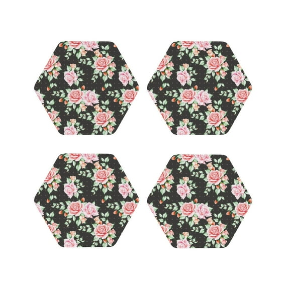 KLL Drink Coasters Set Hexagon of 4,PU Leather Absorbent Coasters Set Decorative Coffee Cup Coasters Housewarming Gift for Home Decor-Rose Flowers