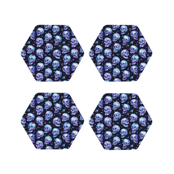 KLL Drink Coasters Set Hexagon of 4,PU Leather Absorbent Coasters Set Decorative Coffee Cup Coasters Housewarming Gift for Home Decor-crystal Skull