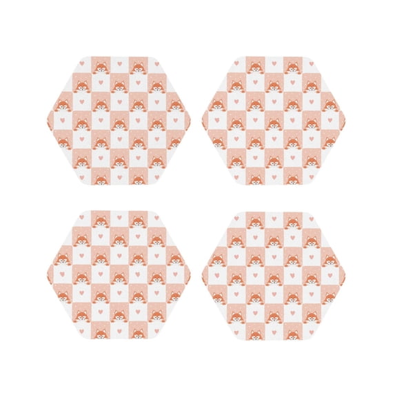 KLL Drink Coasters Set Hexagon of 4,PU Leather Absorbent Coasters Set Decorative Coffee Cup Coasters Housewarming Gift for Home Decor-love plaid fox