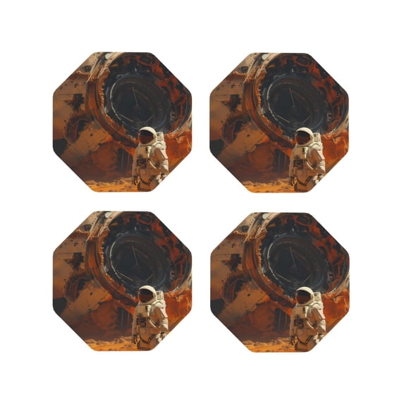 KLL Drink Coasters Set Octagon of 4,PU Leather Absorbent Coasters Set Decorative Coffee Cup Coasters Housewarming Gift for Home Decor-Astronaut Exploring Mars