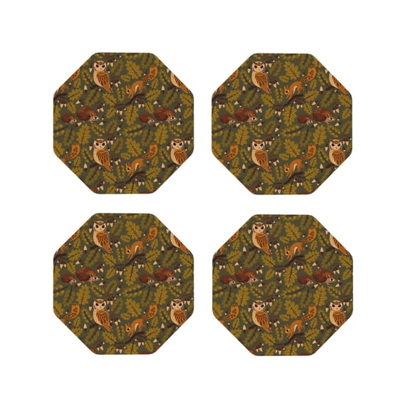 KLL Drink Coasters Set Octagon of 4,PU Leather Absorbent Coasters Set Decorative Coffee Cup Coasters Housewarming Gift for Home Decor-Autumn Leaves Owl Squirrel