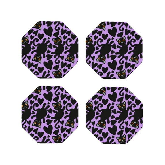 KLL Drink Coasters Set Octagon of 4,PU Leather Absorbent Coasters Set Decorative Coffee Cup Coasters Housewarming Gift for Home Decor-Cartoon Black Cats
