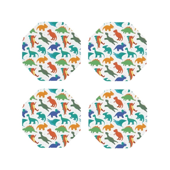 KLL Drink Coasters Set Octagon of 4,PU Leather Absorbent Coasters Set Decorative Coffee Cup Coasters Housewarming Gift for Home Decor-Colorful Dinosaur