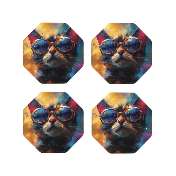 KLL Drink Coasters Set Octagon of 4,PU Leather Absorbent Coasters Set Decorative Coffee Cup Coasters Housewarming Gift for Home Decor-Cool Cat With Sunglasses