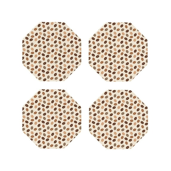 KLL Drink Coasters Set Octagon of 4,PU Leather Absorbent Coasters Set Decorative Coffee Cup Coasters Housewarming Gift for Home Decor-Cute Coffee Bean Print
