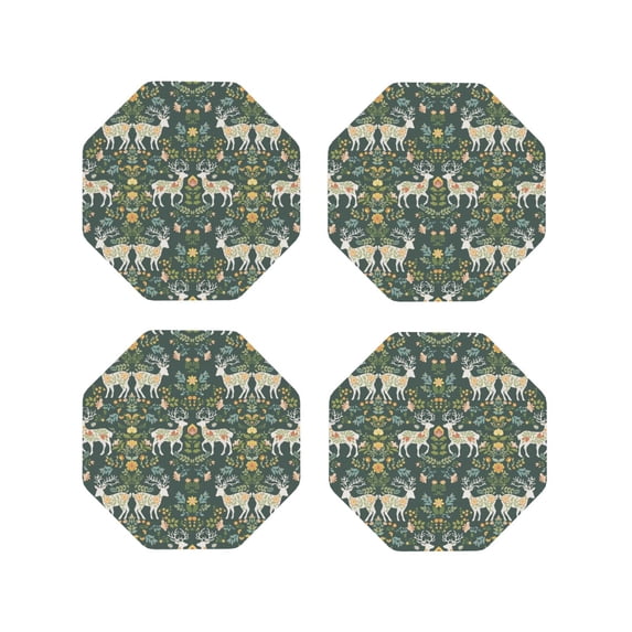 KLL Drink Coasters Set Octagon of 4,PU Leather Absorbent Coasters Set Decorative Coffee Cup Coasters Housewarming Gift for Home Decor-Deer And Flowers