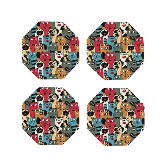 KLL Drink Coasters Set Octagon of 4,PU Leather Absorbent Coasters Set Decorative Coffee Cup Coasters Housewarming Gift for Home Decor-Different Cats 1