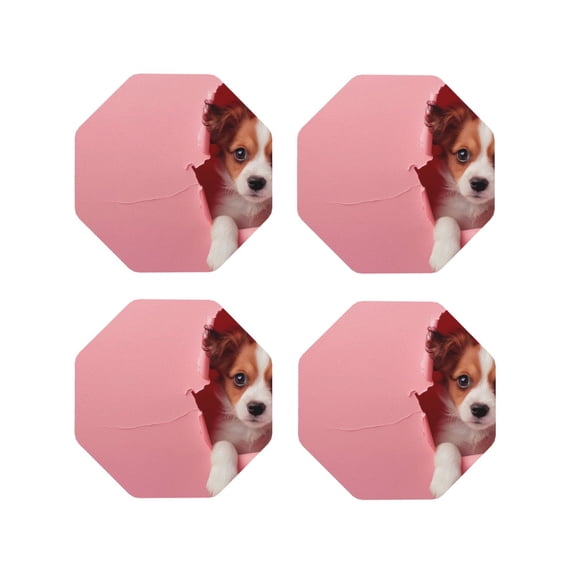 KLL Drink Coasters Set Octagon of 4,PU Leather Absorbent Coasters Set Decorative Coffee Cup Coasters Housewarming Gift for Home Decor-Puppy Peeking Through Pink