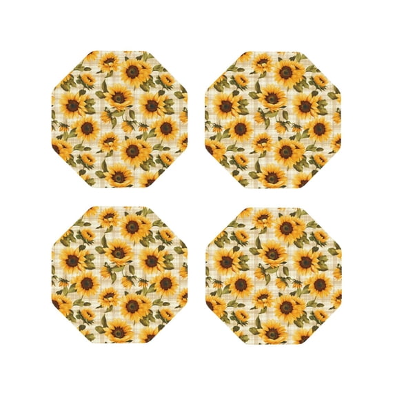 KLL Drink Coasters Set Octagon of 4,PU Leather Absorbent Coasters Set Decorative Coffee Cup Coasters Housewarming Gift for Home Decor-Scottish Plaid Sunflower