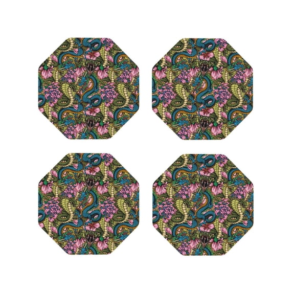 KLL Drink Coasters Set Octagon of 4,PU Leather Absorbent Coasters Set Decorative Coffee Cup Coasters Housewarming Gift for Home Decor-Snake And Flower