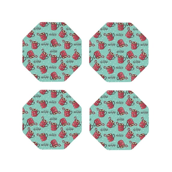 KLL Drink Coasters Set Octagon of 4,PU Leather Absorbent Coasters Set Decorative Coffee Cup Coasters Housewarming Gift for Home Decor-Snowflake Hot Cocoa