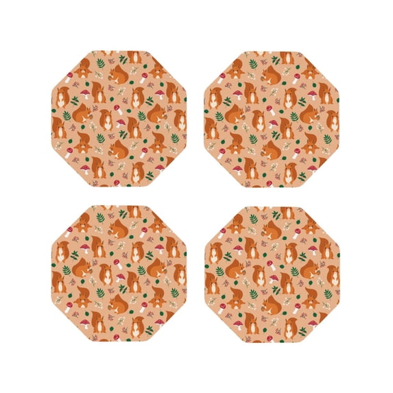 KLL Drink Coasters Set Octagon of 4,PU Leather Absorbent Coasters Set Decorative Coffee Cup Coasters Housewarming Gift for Home Decor-Squirrel And Mushroom
