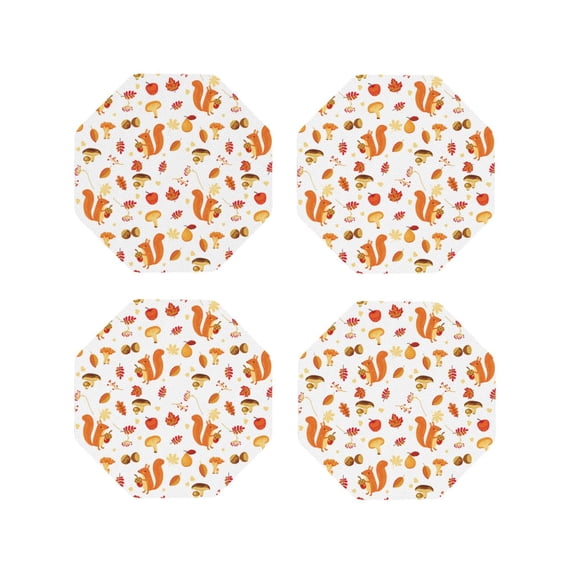 KLL Drink Coasters Set Octagon of 4,PU Leather Absorbent Coasters Set Decorative Coffee Cup Coasters Housewarming Gift for Home Decor-Squirrel InThe Forest3