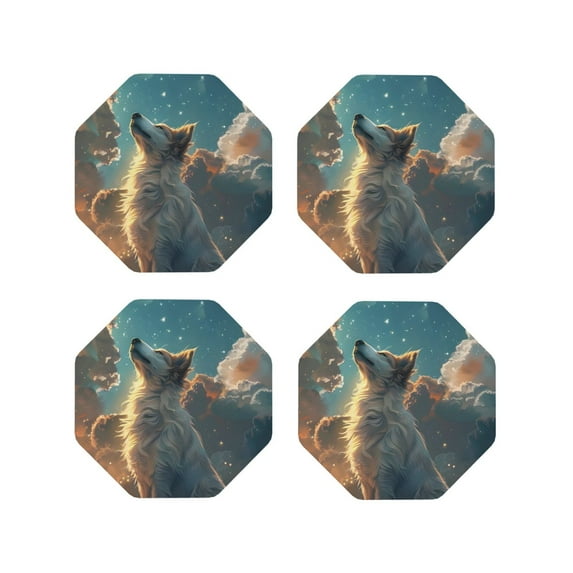 KLL Drink Coasters Set Octagon of 4,PU Leather Absorbent Coasters Set Decorative Coffee Cup Coasters Housewarming Gift for Home Decor-Starry Sky Cloud Wolf