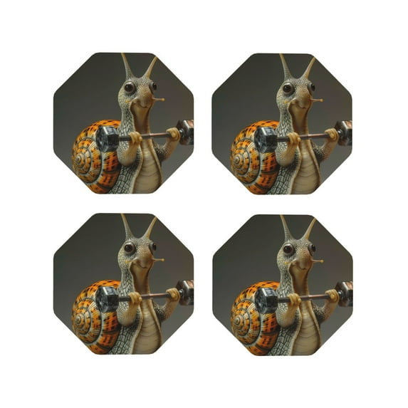 KLL Drink Coasters Set Octagon of 4,PU Leather Absorbent Coasters Set Decorative Coffee Cup Coasters Housewarming Gift for Home Decor-Surreal Weightlifting Snail