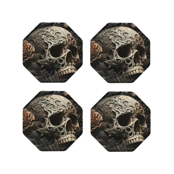 KLL Drink Coasters Set Octagon of 4,PU Leather Absorbent Coasters Set Decorative Coffee Cup Coasters Housewarming Gift for Home Decor-Vintage Pattern Flower Skull