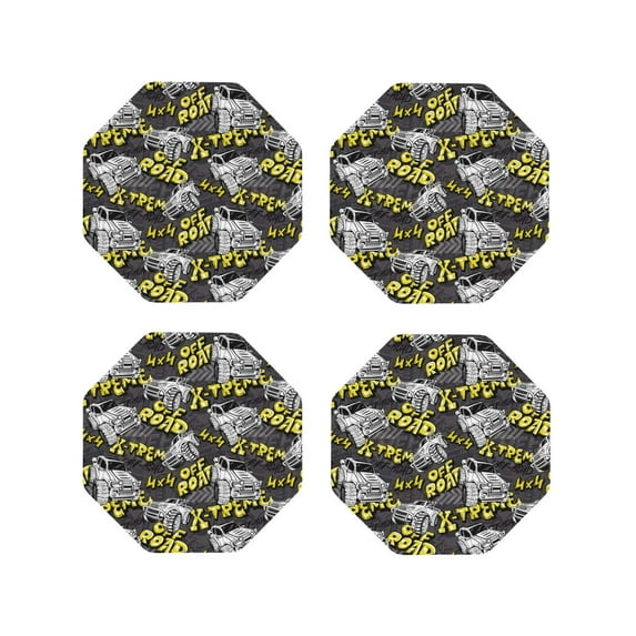 KLL Drink Coasters Set Octagon of 4,PU Leather Absorbent Coasters Set Decorative Coffee Cup Coasters Housewarming Gift for Home Decor-White Retro Off-Road Vehicle