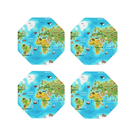 KLL Drink Coasters Set Octagon of 4,PU Leather Absorbent Coasters Set Decorative Coffee Cup Coasters Housewarming Gift for Home Decor-World Map With Animals Landmarks
