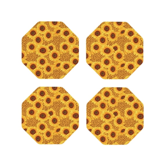 KLL Drink Coasters Set Octagon of 4,PU Leather Absorbent Coasters Set Decorative Coffee Cup Coasters Housewarming Gift for Home Decor-Yellow Leopard Print Sunflower