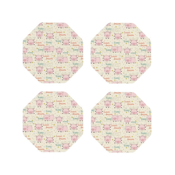 KLL Drink Coasters Set Octagon of 4,PU Leather Absorbent Coasters Set Decorative Coffee Cup Coasters Housewarming Gift for Home Decor-Pigs Sleep