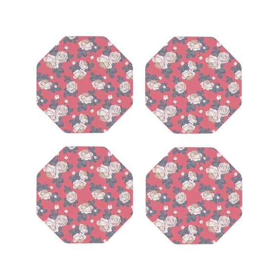 KLL Drink Coasters Set Octagon of 4,PU Leather Absorbent Coasters Set Decorative Coffee Cup Coasters Housewarming Gift for Home Decor-Rose Flowers