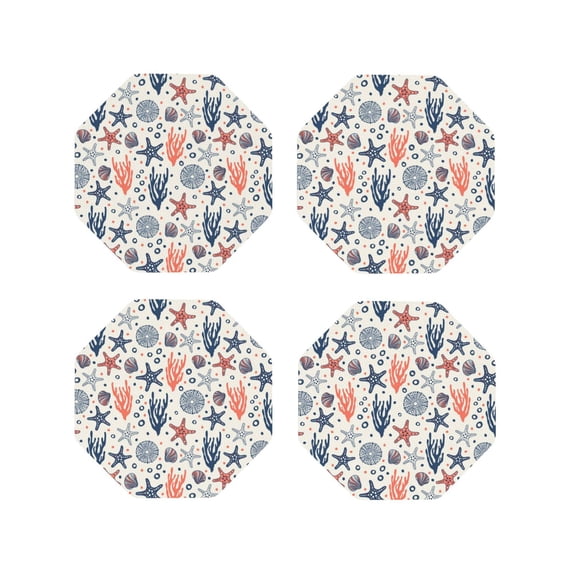 KLL Drink Coasters Set Octagon of 4,PU Leather Absorbent Coasters Set Decorative Coffee Cup Coasters Housewarming Gift for Home Decor-Starfish Shell
