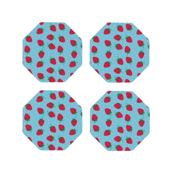 KLL Drink Coasters Set Octagon of 4,PU Leather Absorbent Coasters Set Decorative Coffee Cup Coasters Housewarming Gift for Home Decor-Strawberries
