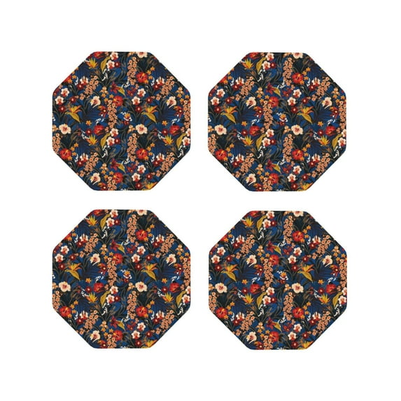KLL Drink Coasters Set Octagon of 4,PU Leather Absorbent Coasters Set Decorative Coffee Cup Coasters Housewarming Gift for Home Decor-Vintage Floral