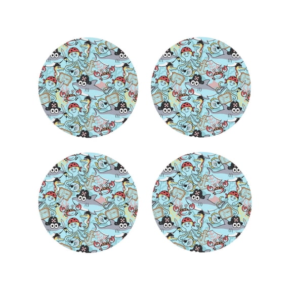 KLL Drink Coasters Set Round Shape of 4,PU Leather Absorbent Coasters Set Decorative Coffee Cup Coasters Housewarming Gift for Home Decor-Cartoon Pirate