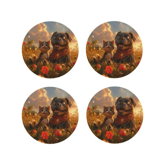KLL Drink Coasters Set Round Shape of 4,PU Leather Absorbent Coasters Set Decorative Coffee Cup Coasters Housewarming Gift for Home Decor-Cat Dog Friendship