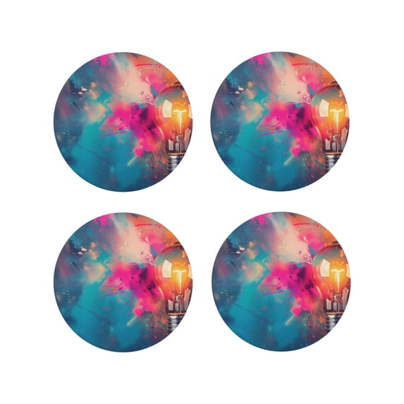 KLL Drink Coasters Set Round Shape of 4,PU Leather Absorbent Coasters Set Decorative Coffee Cup Coasters Housewarming Gift for Home Decor-Colorful Lightbulb Abstract
