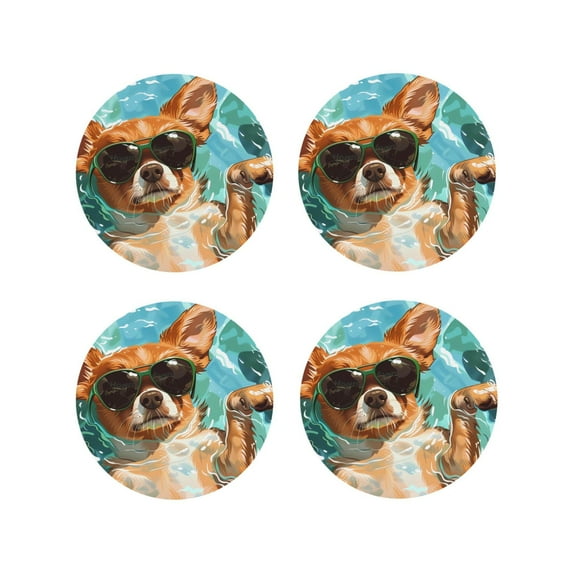 KLL Drink Coasters Set Round Shape of 4,PU Leather Absorbent Coasters Set Decorative Coffee Cup Coasters Housewarming Gift for Home Decor-Funny Swimming Chihuahua