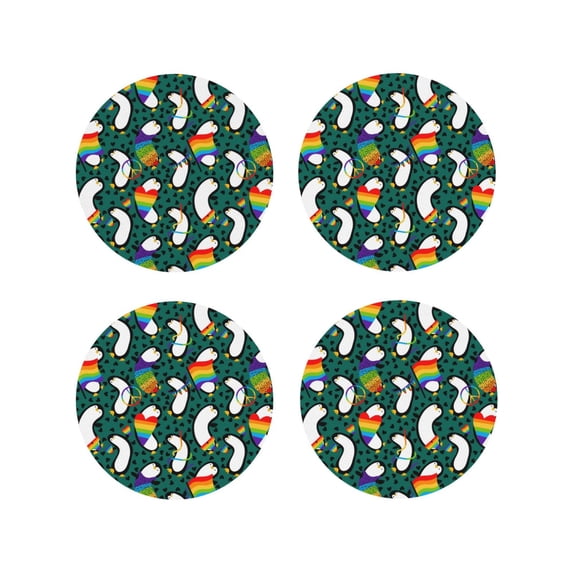 KLL Drink Coasters Set Round Shape of 4,PU Leather Absorbent Coasters Set Decorative Coffee Cup Coasters Housewarming Gift for Home Decor-Lgbt Penguin
