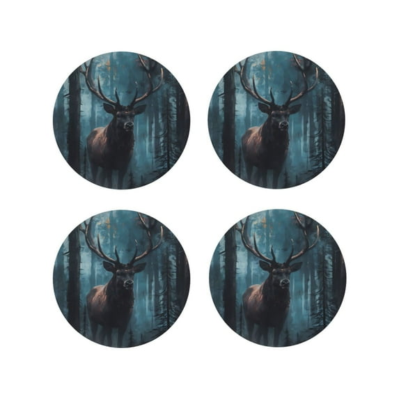 KLL Drink Coasters Set Round Shape of 4,PU Leather Absorbent Coasters Set Decorative Coffee Cup Coasters Housewarming Gift for Home Decor-Mystical Forest Elk