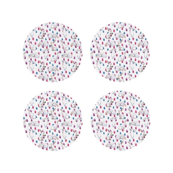 KLL Drink Coasters Set Round Shape of 4,PU Leather Absorbent Coasters Set Decorative Coffee Cup Coasters Housewarming Gift for Home Decor-Rabbit Eating